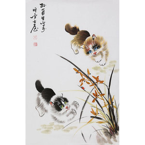 孙菊生国画字画纯手绘写意水墨动物画猫二尺竖幅带收藏证书合影3