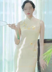 韩雪同款长款新中式国风改良旗袍裙子黄色修身连衣裙私人量身定制