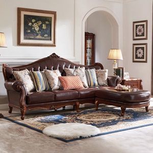 欧式全实木轻奢沙发真皮四人位美式客厅组合新古典贵妃椅脚踏奢华