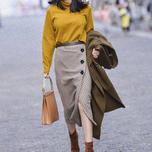 博主同款英伦不规则开叉格子半身裙女春夏季中长款通勤ol高腰三木
