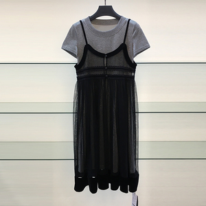 专柜正品哥弟新款2022夏季女装百搭休闲吊带纱裙两件套短袖连衣裙