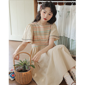 法式复古刺绣连衣裙女夏季设计感小众民族风韩版宽松衬衫裙小个子