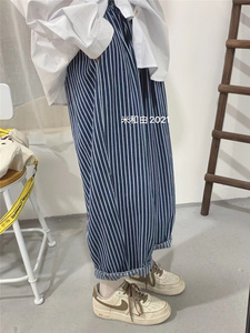 日系韩版嘻哈街头米和由设计款宽松阔腿水织细条纹休闲哈伦老爹裤