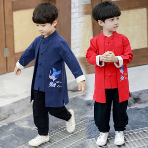 小男孩子秋季中国风刺绣仙鹤汉服两件套童装男童秋款传统改良唐装