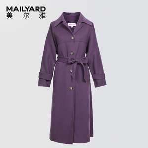 美尔雅女装中长过膝款系带大衣 绵羊毛茧型加厚纯色双面呢外套180