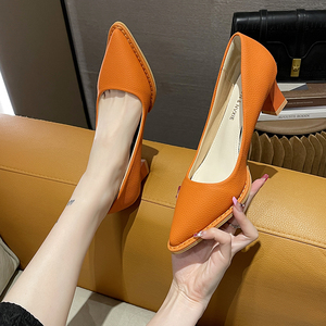 橙色尖头单鞋女2024春秋季新款法式小众真皮粗跟浅口欧美高跟女鞋