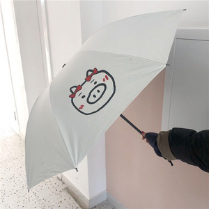 韩ins可爱卡通少女心搞怪猪猪黑胶伞遮阳晴雨两用雨伞学生三折伞