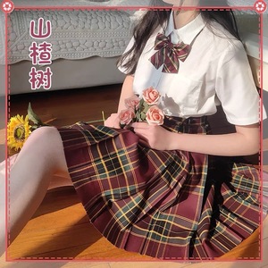 山楂树jk制服学院风百褶裙套装原创正版夏季裙子红色格裙半身裙女