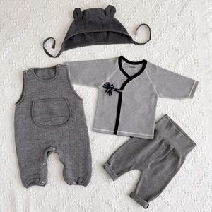 初生婴儿上衣背带裤帽子经典条纹灰色斜襟系带和尚服套装组合待产