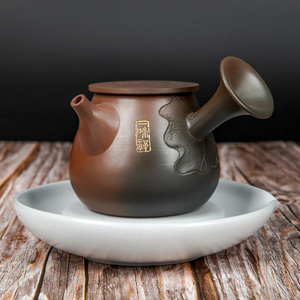 吴莹大师广西钦州坭兴陶壶侧把茶壶纯手工线刻非紫砂建水茶具套装