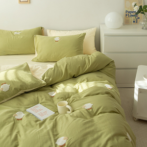 【富山草莓】可爱卡通绿色小绵羊全棉水洗棉四件套纯棉被套床单