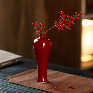中式禅意陶瓷红色花瓶景德镇复古侘寂插花小花器桌面水培摆件饰品
