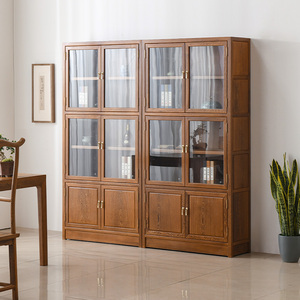 鸡翅木书柜纯全实木新中式带玻璃门柜子组合落地红木中式书橱家用