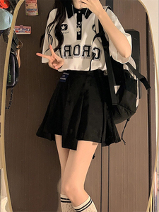 韩系学院风休闲运动服套装女夏季学生短袖Polo衫不规则短裙两件套