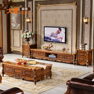 天然大理石电视柜 欧式实木雕花茶几电视柜组合 美式深色客厅简约