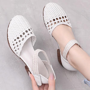 编织网眼凉鞋手工透气镂空鞋粗跟2022夏季新款真皮复古中跟中空鞋