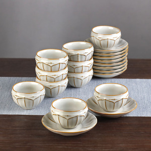 米黄汝窑茶杯10个装陶瓷功夫茶具小茶碗6只开片可养杯垫茶托汝瓷