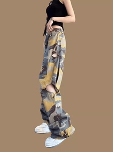 欧货休闲裤女2024夏季新款设计感两侧漏洞高腰迷彩直筒拖地阔腿裤