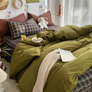 橄榄绿混搭风水洗棉床上四件套ins简约春季床品1.5m1.8米床单被套