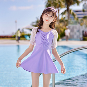 日本代购儿童泳衣女童连体蕾丝网纱公主短袖游泳衣学生大童泳装夏