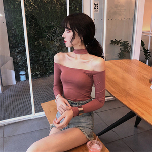 主播服装女18新款网红同款女神夜店性感漏锁骨上衣一字肩显瘦t恤