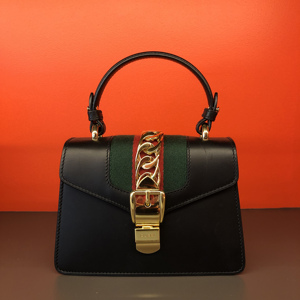 正品二手库奇gucci sylvie 塞尔维亚气质百搭手提包 黑色双拼女包