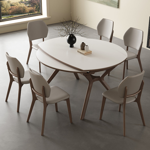现代简约岩板餐桌椅组合小户型可伸缩折叠方圆两用实木圆形饭桌