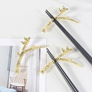 新中式高档合金树枝小鸟筷子托枕家用长方筷架两用筷子架轻奢勺
