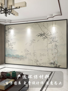 墙纸3d新中式手绘竹林电视背景墙壁布客厅壁画影视墙壁纸沙发墙布