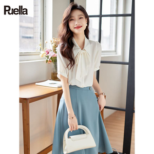 拉夏贝尔Puella法式温柔风短袖衬衫女韩版高级感垂感飘带白色上衣