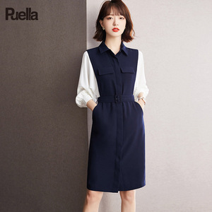 拉夏贝尔Puella气质撞色条假两件连衣裙女春季时尚设计感时髦显瘦