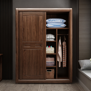 简约现代胡桃木实木衣柜组合卧室中式移门大衣橱储物两门推拉衣柜