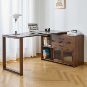 转角书桌书柜一体原木电脑桌家用学生写字学习桌全实木拐角办公桌