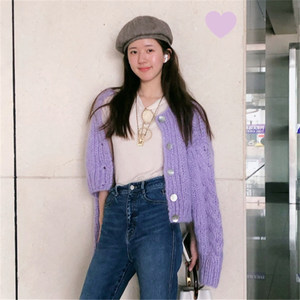 赵露思同款紫色针织开衫外套女早春宽松慵懒风加厚短款粗麻花毛衣