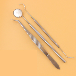 不锈钢牙科三件套口镜定位镊子探针方盘弯盘牙医检查医疗口腔器械