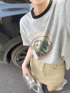 韩国东大门2024春季圆领撞色卡通唐老鸭印花减龄短袖T恤女装