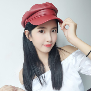 日系学院风皮质海军帽男女网红同款复古水手帽皮帽平顶八角帽子潮