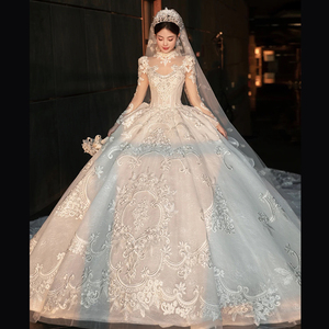 法式长袖白色婚纱2024新款新娘高级质感重工奢华小个子大拖尾主纱