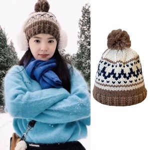 章若楠同款帽子2024新款提花毛球针织女冬季保暖韩版显脸小毛线帽