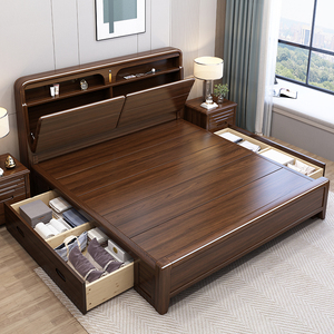 胡桃木实木床现代简约双人床中式轻奢高箱抽屉全开气压收纳储物床