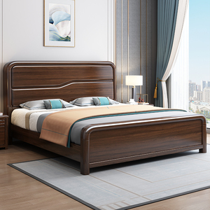 新中式胡桃木全实木床工厂直销现代简约双人床卧室1.8米加厚大床
