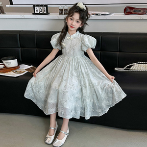 女孩夏季旗袍裙2024新款洋气时髦中大童复古盘扣公主裙中国风时髦