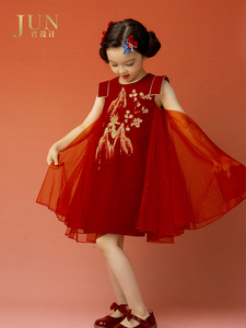 君设计 儿童旗袍裙礼服中国风唐装女童拜年服红色秋冬款公主裙