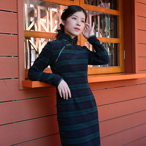 古法高领气质修身显瘦毛呢绿蓝大格子旗袍真开襟真手工扣秋冬长袖