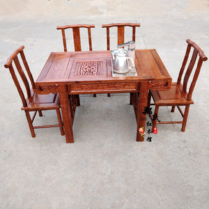 红木家具实木小卷书茶桌台竹节椅中式泡茶餐桌非洲黄花梨茶台椅子