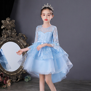 2021夏季新款儿童公主裙蕾丝拖尾钢琴演出服礼服长裙学生表演服装