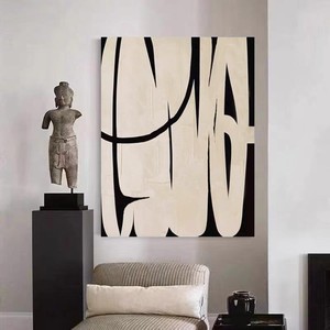 手绘油画侘寂抽象黑白线条现代北欧美式轻奢客厅沙发样板间装饰画