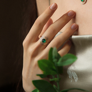 天然绿玛瑙草帽S925银戒指女复古轻奢精致高级感开口可调节食指环
