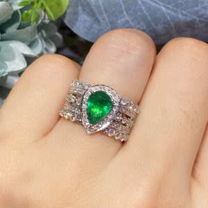 天然祖母绿18k金钻石水滴祖母绿戒指豪华款排钻戒指