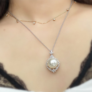 天然海水珍珠项链18K金钻石澳白珍珠项链15-16MM正圆强光珍珠